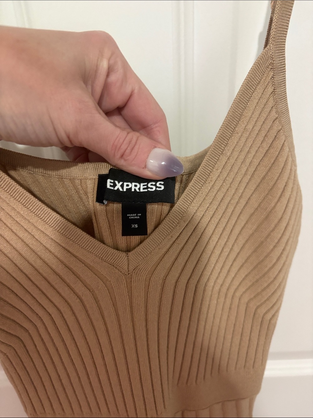 Express Ribbed V-Neck Mini Dress in Tan - Picture 2 of 6